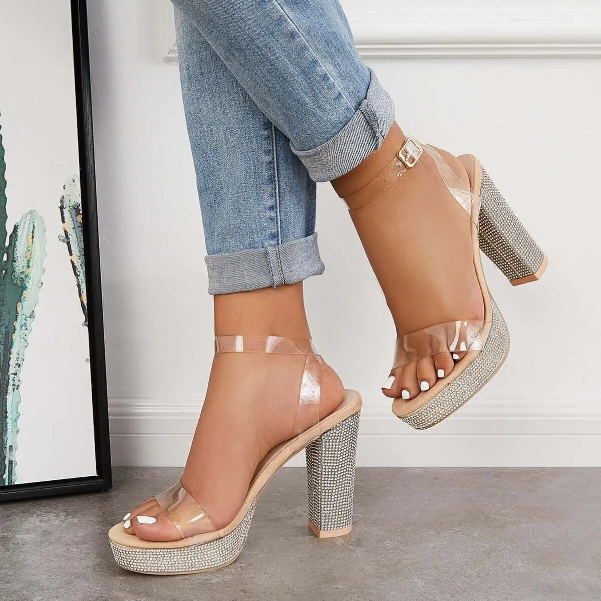 Rhinestone Chunky Block High Heels Ankle Strap Sandals sold by Tinstree product image thumbnail 5