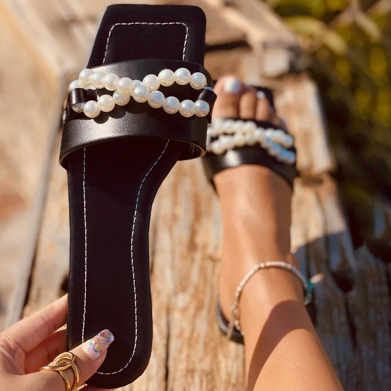 Pearl Decor Square Toe Slippers Flat Slide Sandals sold by Tinstree