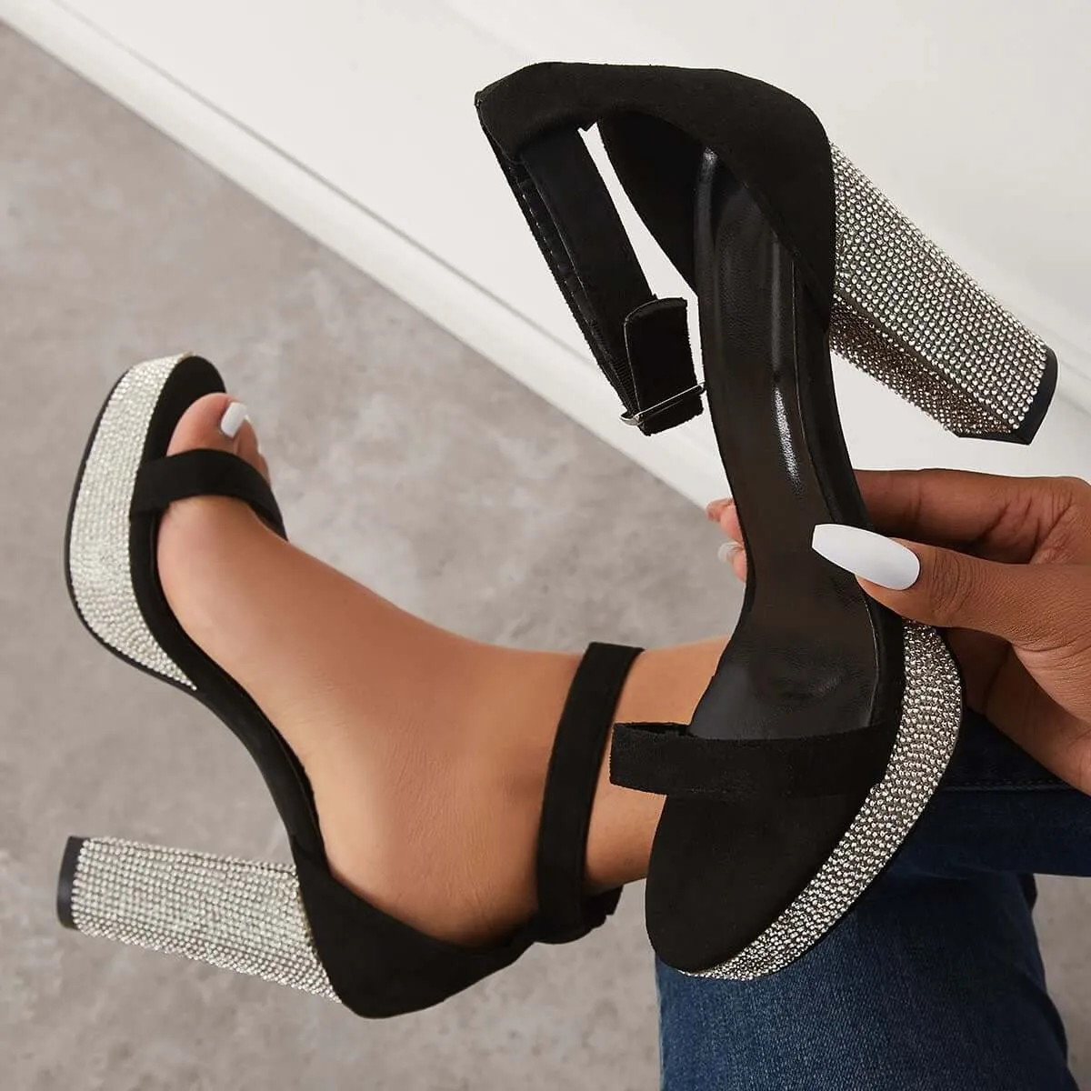 Rhinestone Chunky Block High Heels Ankle Strap Sandals sold by Tinstree product image thumbnail 4