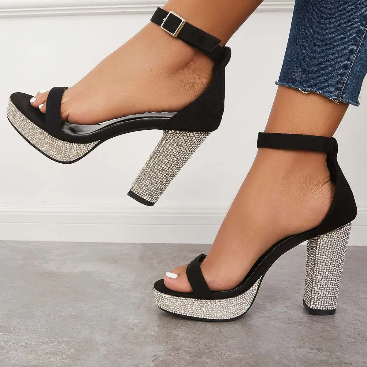 Rhinestone Chunky Block High Heels Ankle Strap Sandals sold by Tinstree product image thumbnail 3