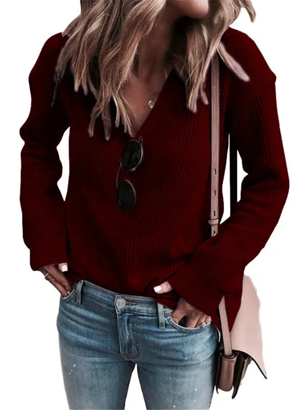 Women V Neck Basic Slim Fitted Ribbed Knit Sweater Long Sleeve Pullover Tops sold by Tinstree product image thumbnail 5