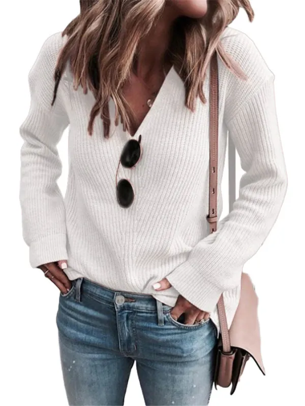 Women V Neck Basic Slim Fitted Ribbed Knit Sweater Long Sleeve Pullover Tops sold by Tinstree