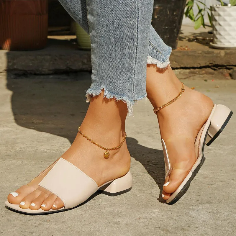 Clear Low Heel Slide Sandals Splicing Slip on Mule Slippers sold by Tinstree
