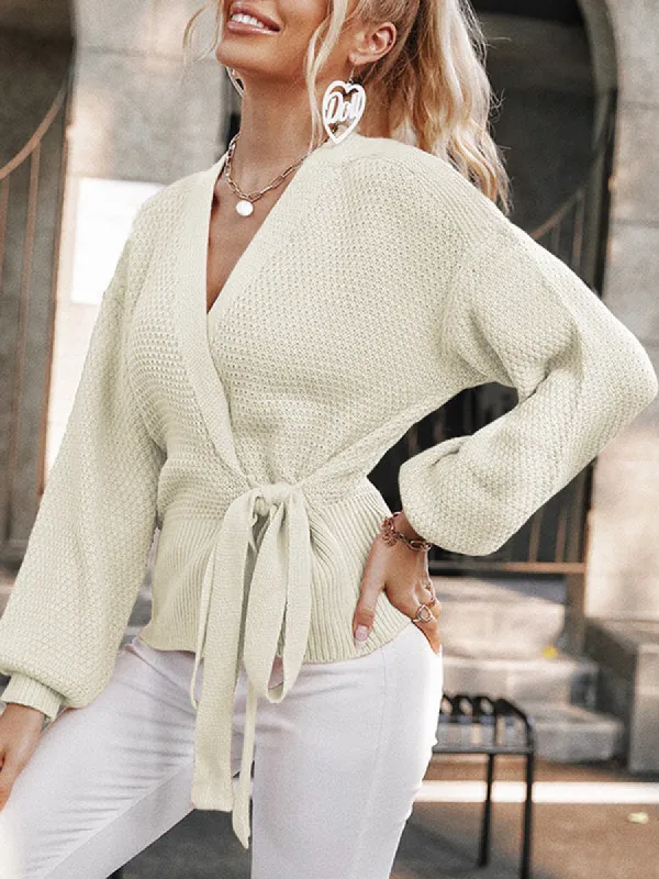 Women V Neck Wrap Sweaters Side Tie Long Sleeve Ribbed Pullover Knit Tunics Tops sold by Tinstree