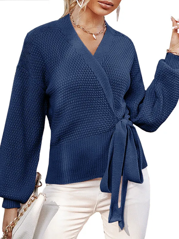 Women V Neck Wrap Sweaters Side Tie Long Sleeve Ribbed Pullover Knit Tunics Tops sold by Tinstree product image thumbnail 5