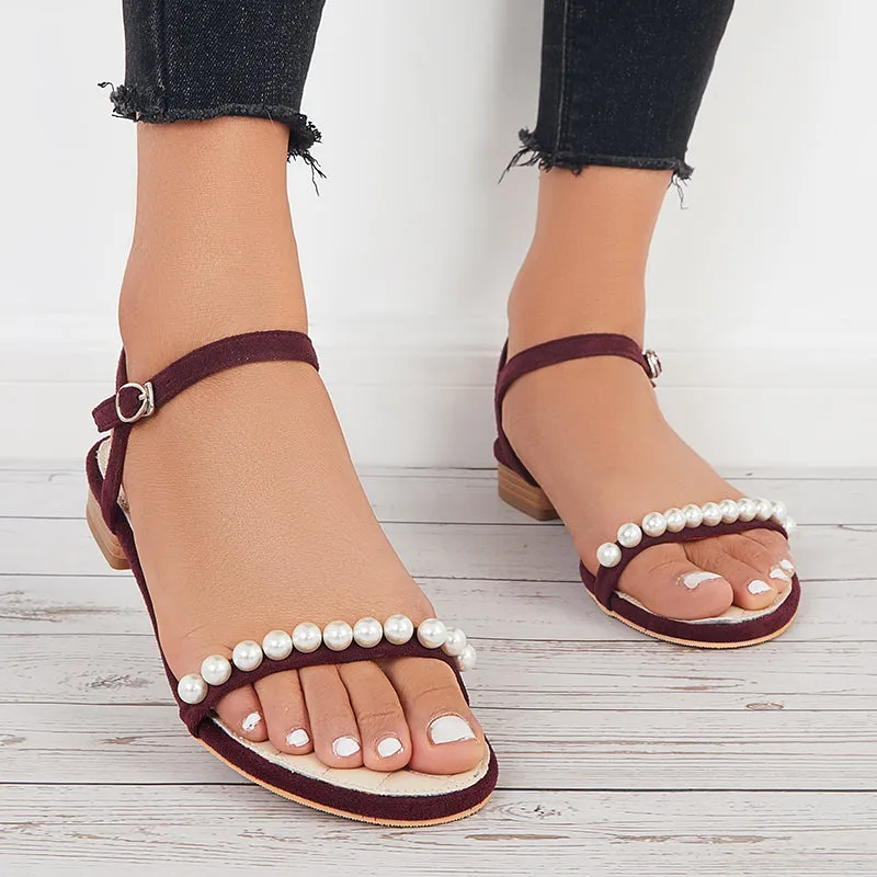 Women Block Low Heels Open Toe Pearl Ankle Strap Sandals sold by Tinstree product image thumbnail 3