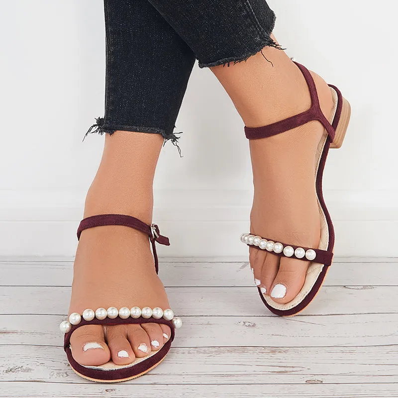 Women Block Low Heels Open Toe Pearl Ankle Strap Sandals sold by Tinstree
