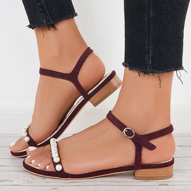 Women Block Low Heels Open Toe Pearl Ankle Strap Sandals sold by Tinstree product image thumbnail 2