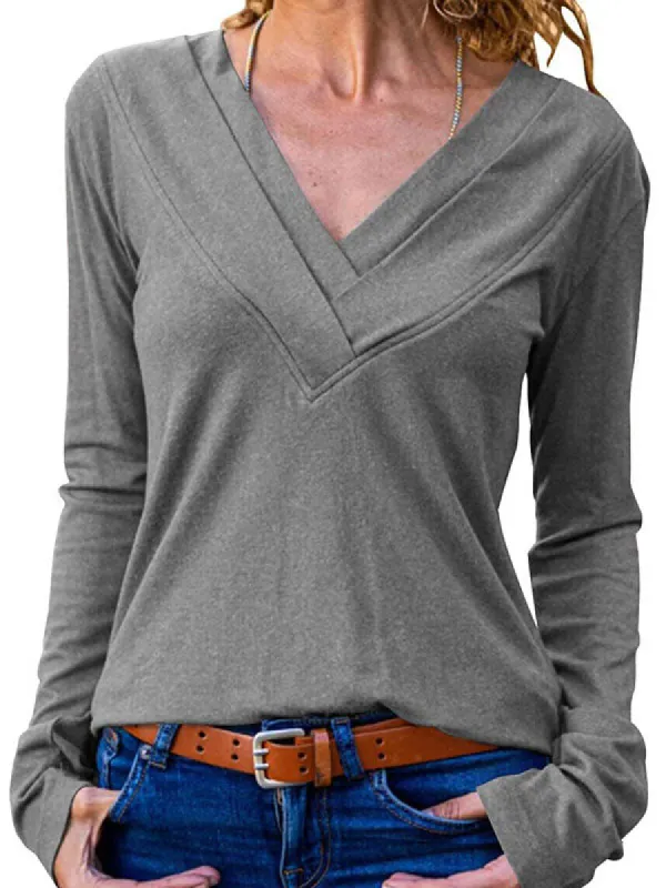 Womens Long Sleeve Loose Tops Deep V Neck Shirts T-Shirts sold by Tinstree