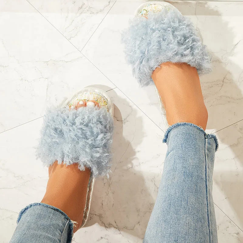 Open Toe Fluffy Bedroom Slippers Soft Footbed Shoes sold by Tinstree