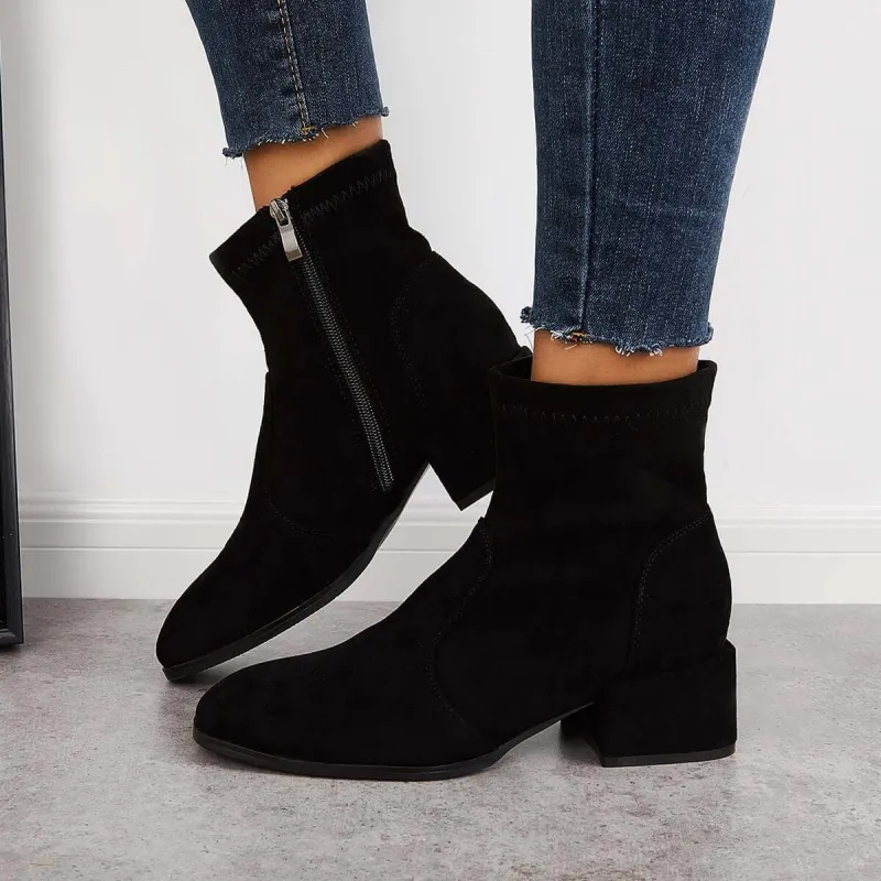 Black Suede Mid Block Heel Ankle Boots Side Zipper Booties sold by Tinstree
