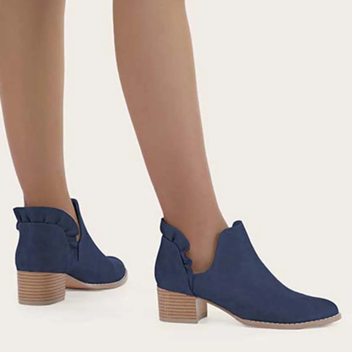 Ruffle Cutout Ankle Boots Slip on Chunky Stacked Heel Booties sold by Tinstree product image thumbnail 4