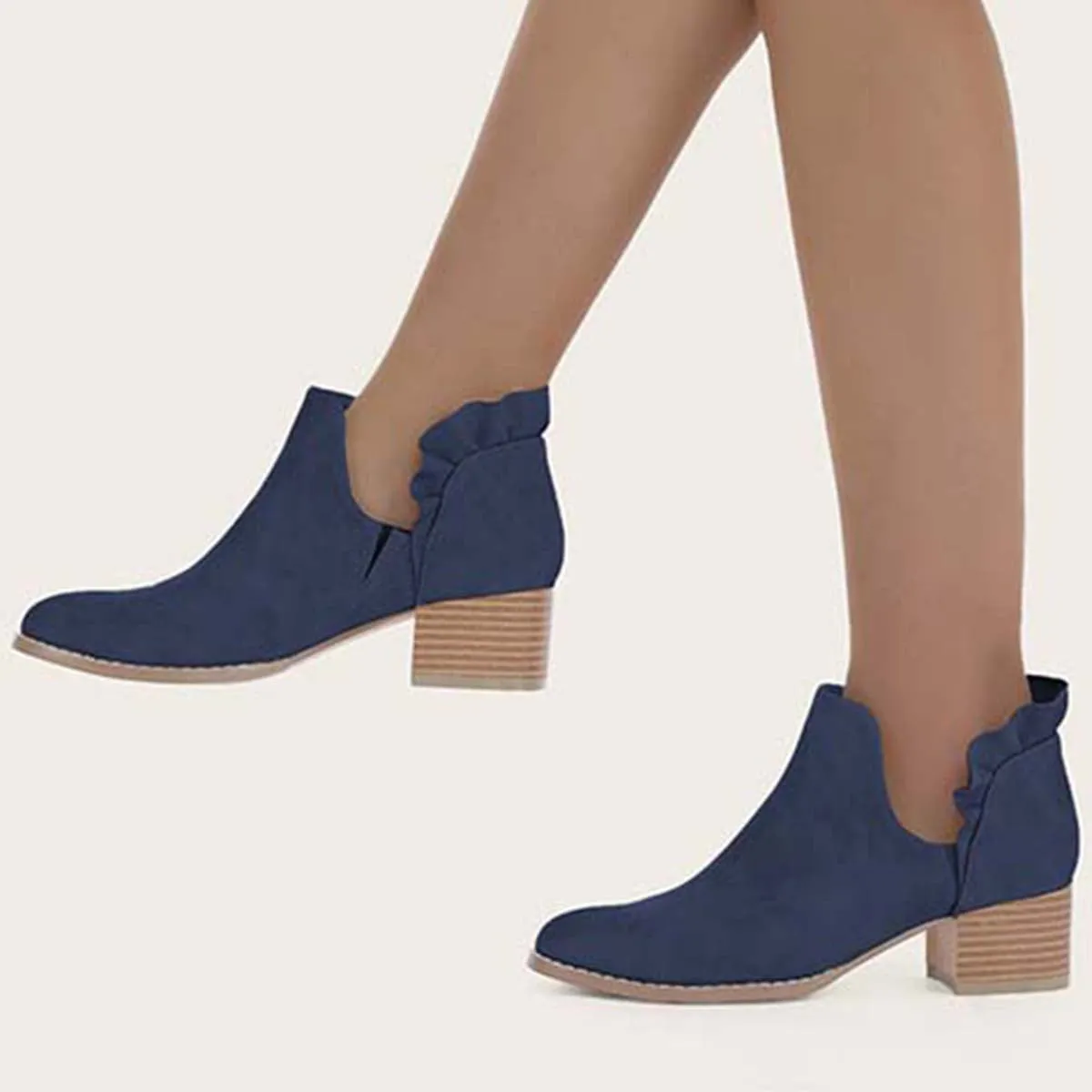 Ruffle Cutout Ankle Boots Slip on Chunky Stacked Heel Booties sold by Tinstree product image thumbnail 3