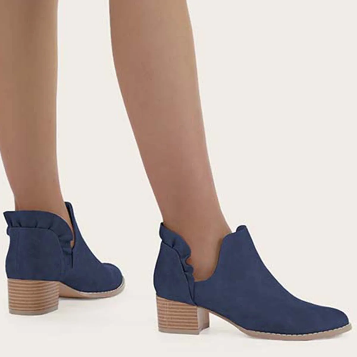 Ruffle Cutout Ankle Boots Slip on Chunky Stacked Heel Booties sold by Tinstree product image thumbnail 2