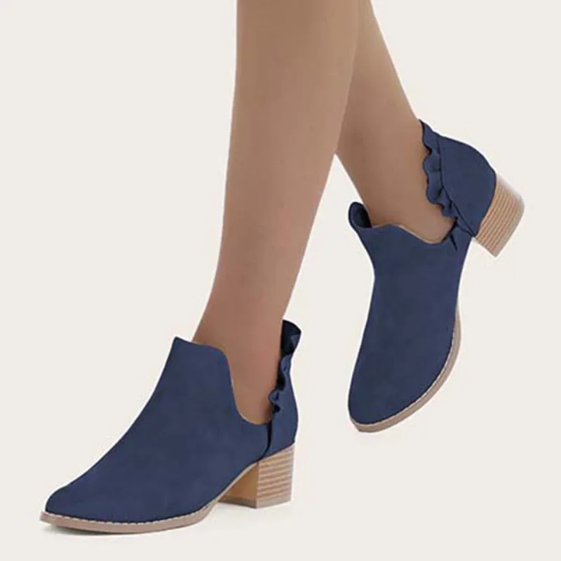 Ruffle Cutout Ankle Boots Slip on Chunky Stacked Heel Booties sold by Tinstree
