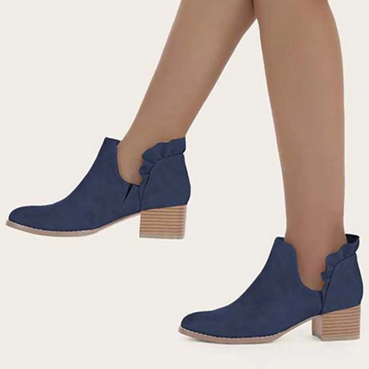 Ruffle Cutout Ankle Boots Slip on Chunky Stacked Heel Booties sold by Tinstree product image thumbnail 5
