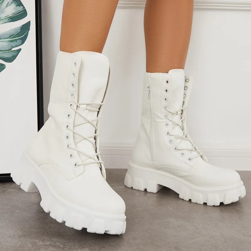 Lace Up Platform Chunky Heel Combat Boots Lug Sole Mid Calf Boots sold by Tinstree