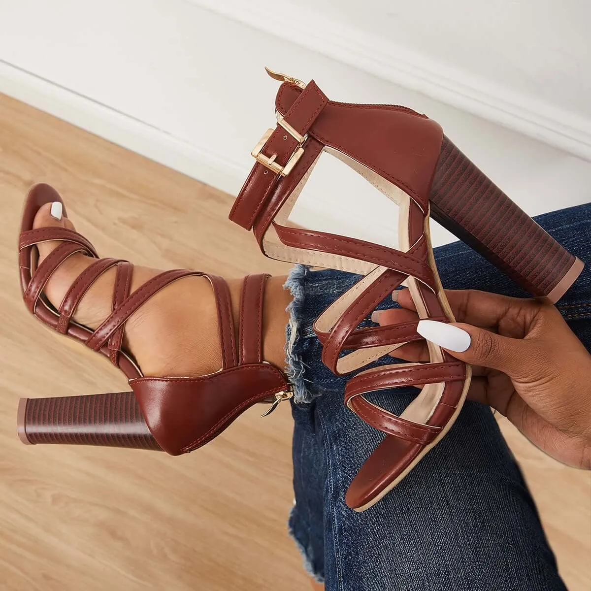 Criss Cross Chunky Block High Heels Ankle Strap Sandals sold by Tinstree product image thumbnail 5