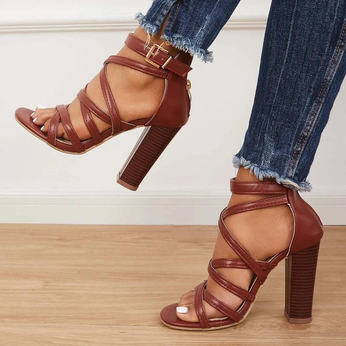 Criss Cross Chunky Block High Heels Ankle Strap Sandals sold by Tinstree product image thumbnail 4