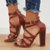 Criss Cross Chunky Block High Heels Ankle Strap Sandals sold by Tinstree
