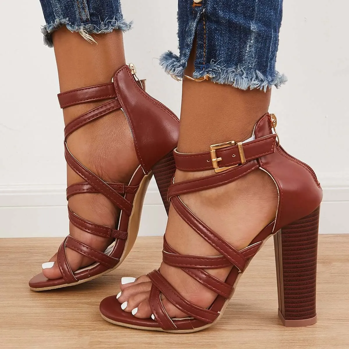 Criss Cross Chunky Block High Heels Ankle Strap Sandals sold by Tinstree product image thumbnail 2
