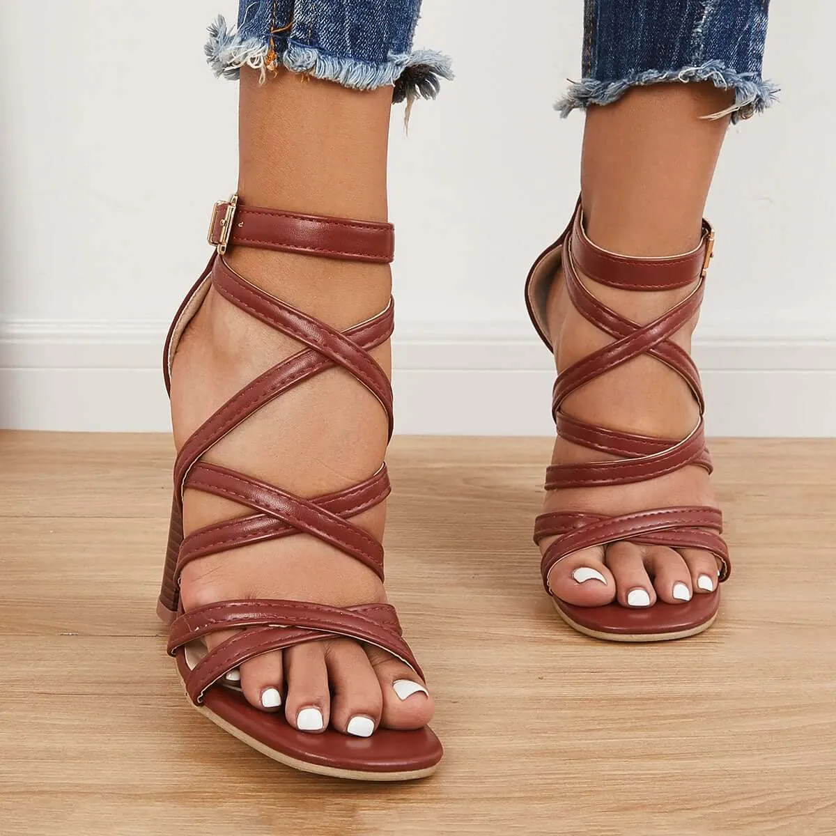 Criss Cross Chunky Block High Heels Ankle Strap Sandals sold by Tinstree product image thumbnail 3