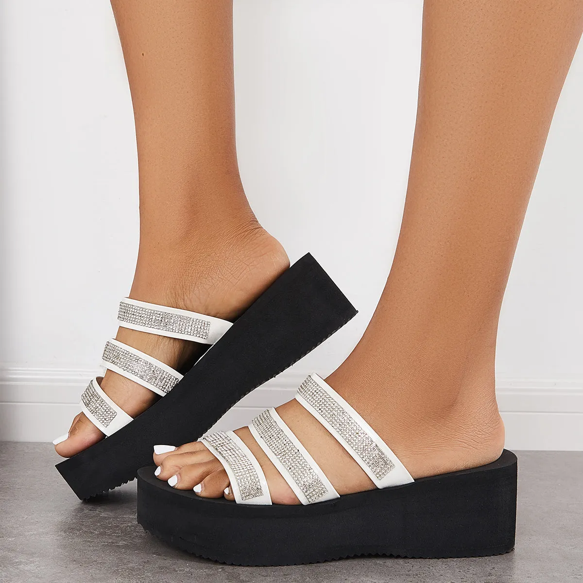 Shiny Straps Platform Slides Slip on Thick Sole Sandals sold by Tinstree product image thumbnail 3