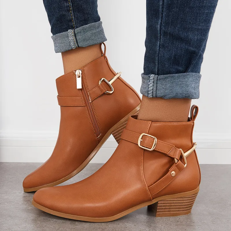 Pointed Toe Chunky Block Heel Booties Buckle Side Zip Ankle Boots sold by Tinstree