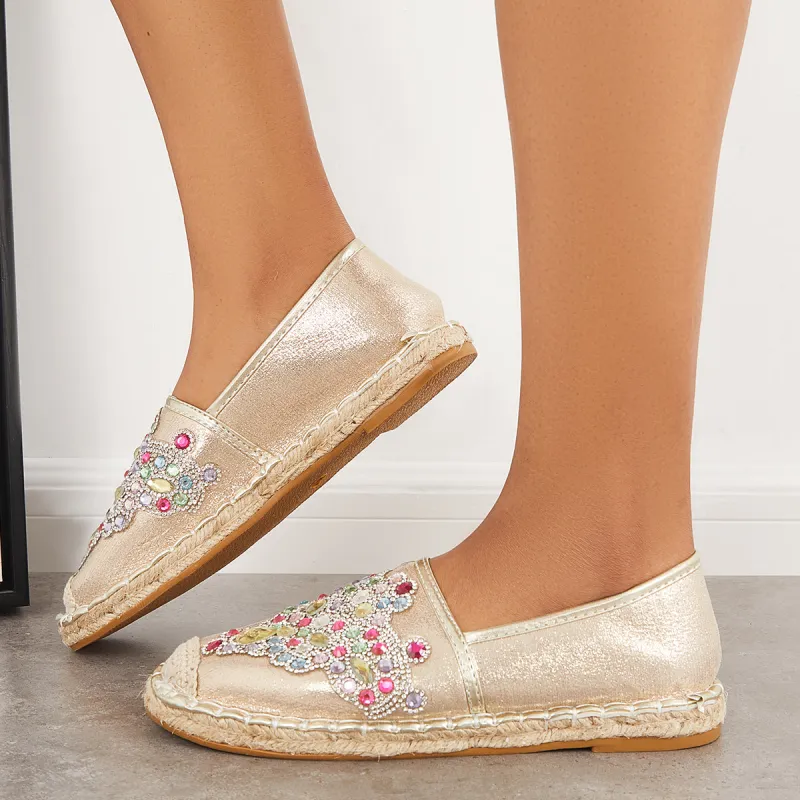 Rhinestone Decor Low Top Slip on Loafers Flat Walking Shoes sold by Tinstree
