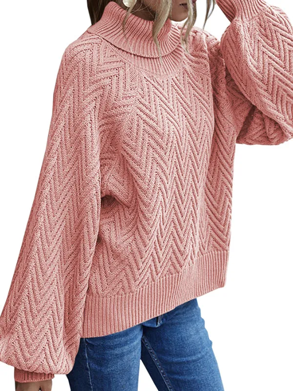 Women Long Lantern Sleeve Knit Sweater Turtleneck Loose Pullover Jumper Tops sold by Tinstree