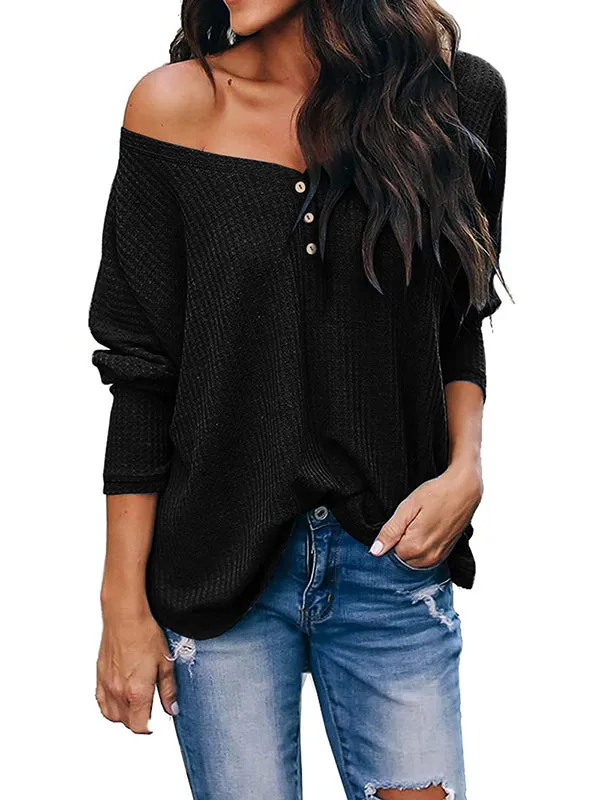 Women Button V Neck Off Shoulder Long Sleeve Knit Pullover Tops sold by Tinstree