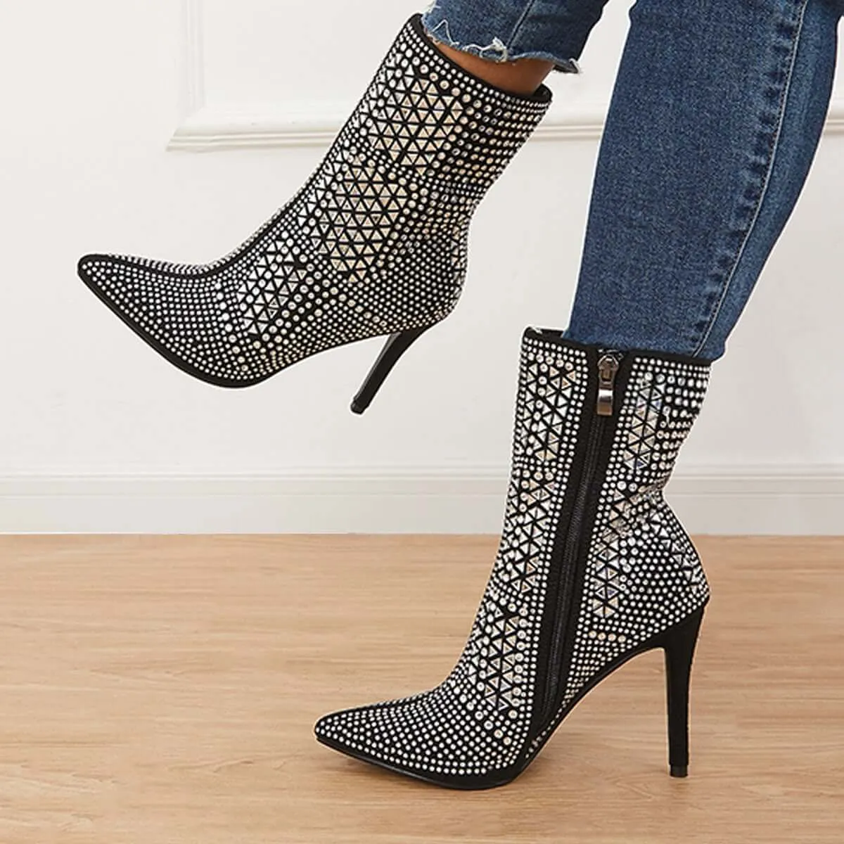 Glitter Stiletto Heels Ankle Boots Pointed Toe Side Zipper Booties sold by Tinstree product image thumbnail 3