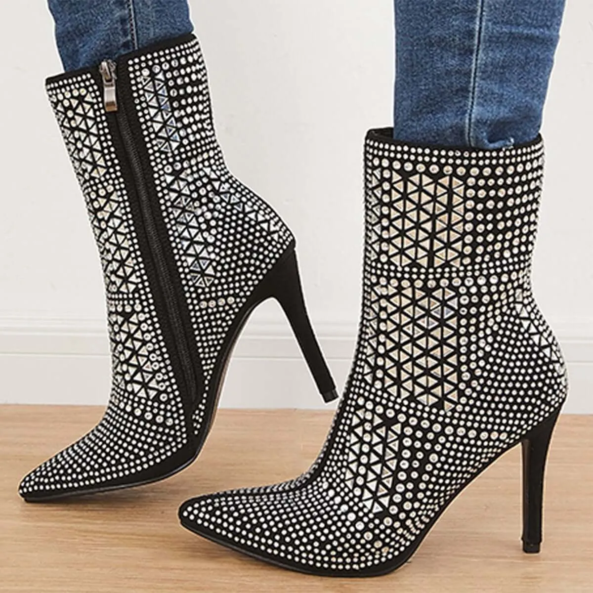 Glitter Stiletto Heels Ankle Boots Pointed Toe Side Zipper Booties sold by Tinstree