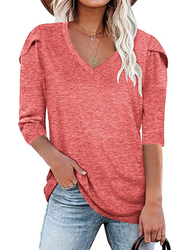Womens V Neck Tops Summer Long Petal Sleeve Casual T-Shirts sold by Tinstree