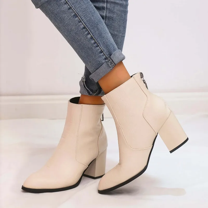 White Chunky Block Heel Ankle Boots Back Zipper Booties sold by Tinstree