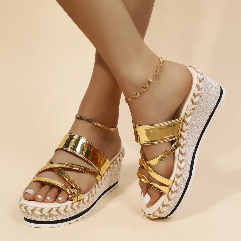 Gold Crisscross Straps Espadrille Platform Wedge Sandals sold by Tinstree