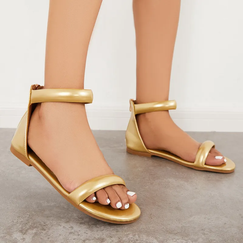 Open Toe Single Band Ankle Strap Buckle Flat Sandals sold by Tinstree