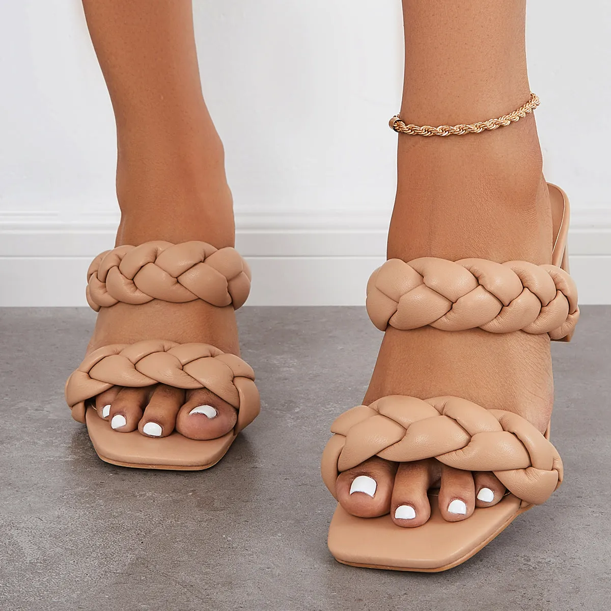 Square Toe Braided Woven Slip on Chunky Heel Mule Sandals sold by Tinstree product image thumbnail 2