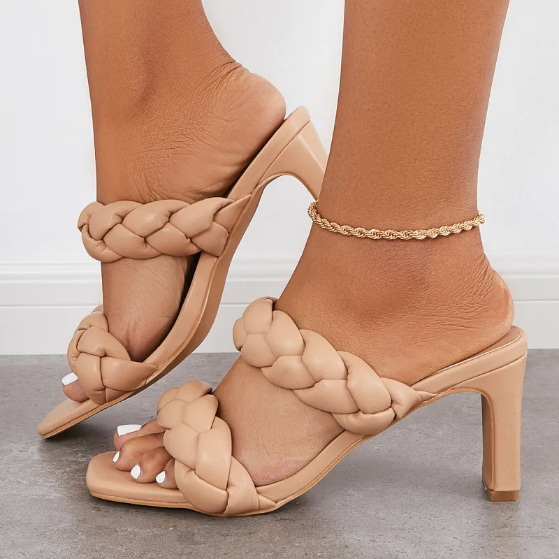 Square Toe Braided Woven Slip on Chunky Heel Mule Sandals sold by Tinstree