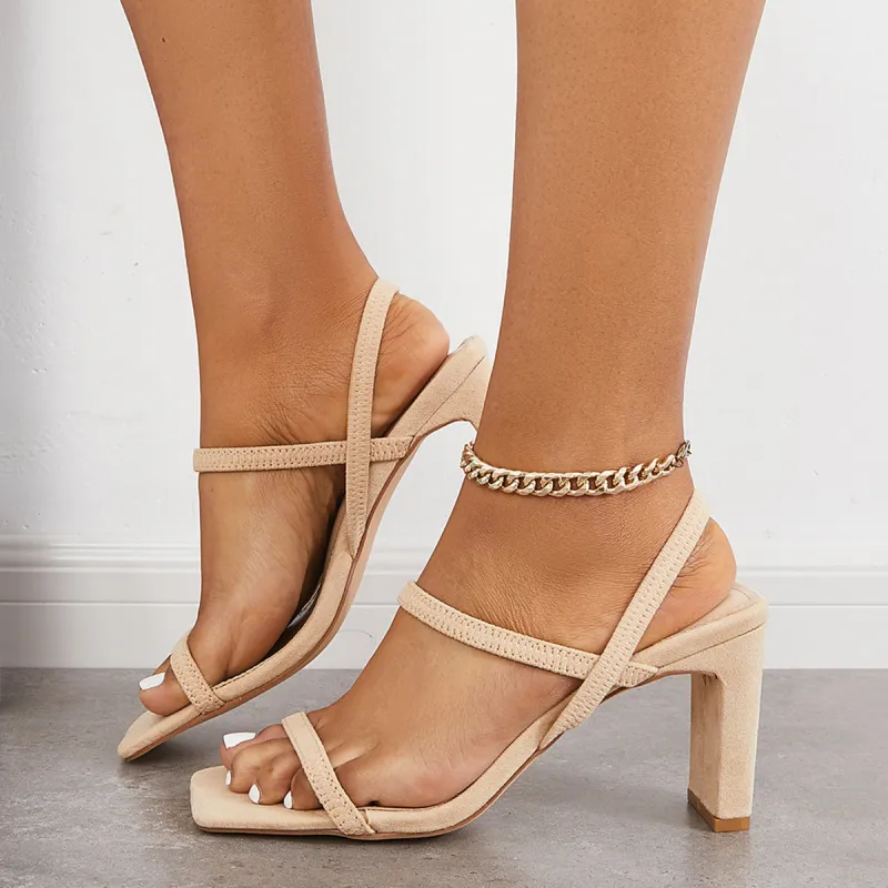 Square Toe Elastic Strappy Chunky High Heels Slip on Sandals sold by Tinstree