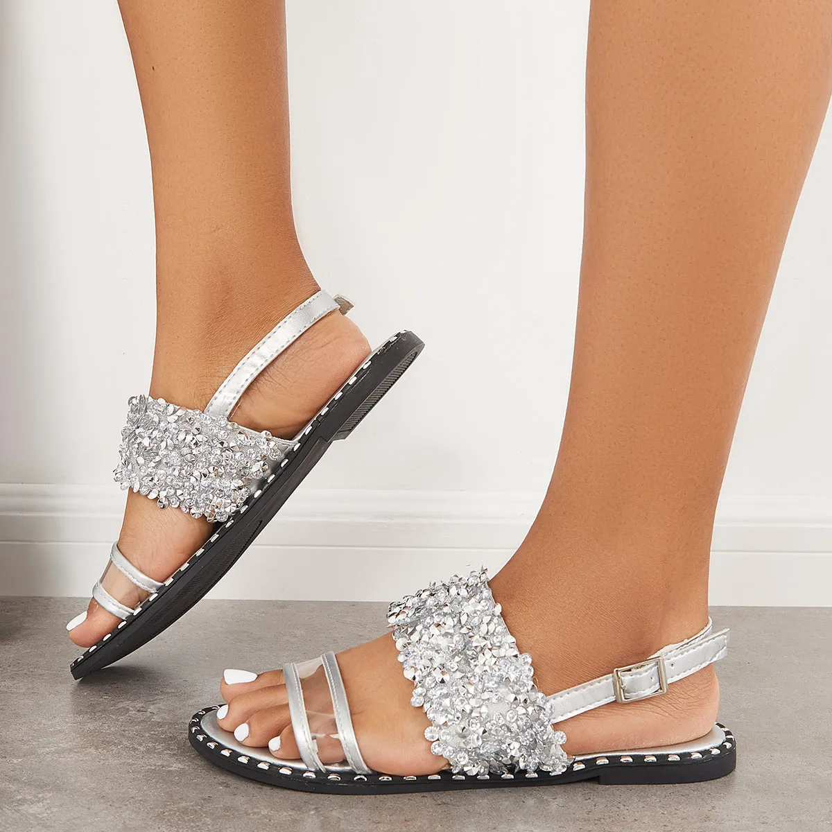 Shiny Rhinestone Flat Sandals Back Strap Beach Shoes sold by Tinstree