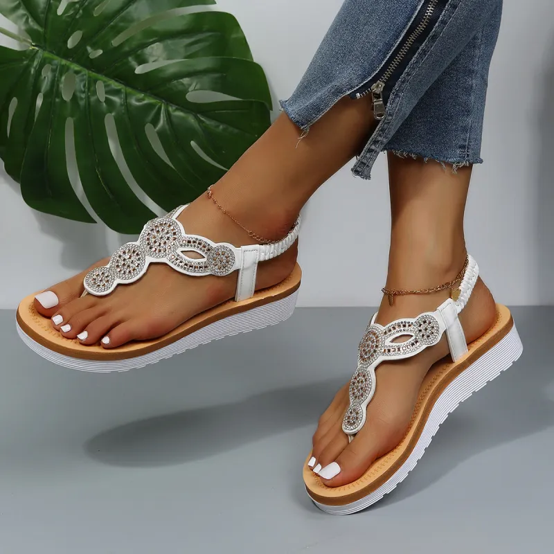 White Platform Wedge Heel Flip Flops Elastic Ankle Straps Sandals sold by Tinstree