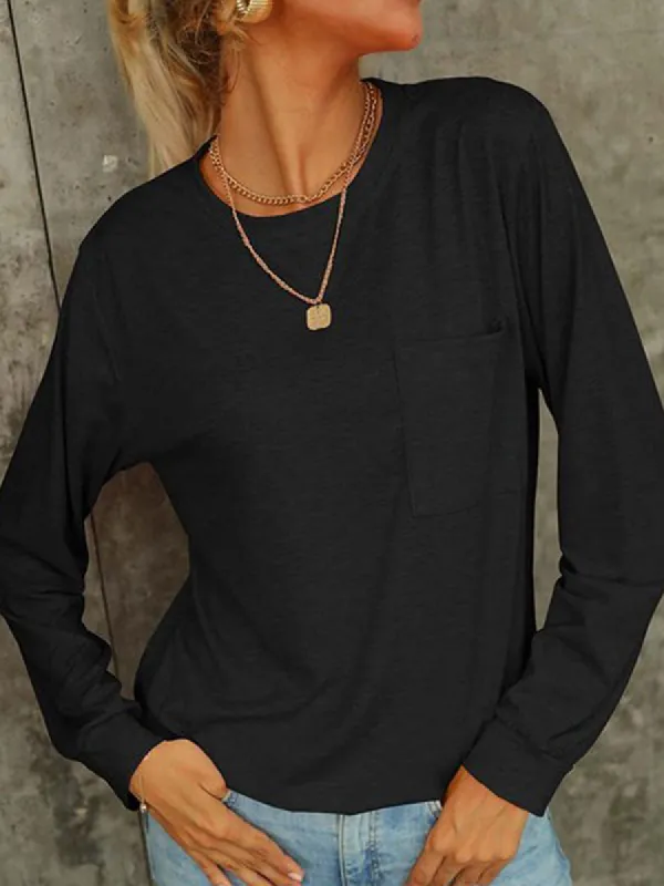 Women Casual Crewneck Sweatshirt Long Sleeve Solid Color Lightweight Loose Tops sold by Tinstree