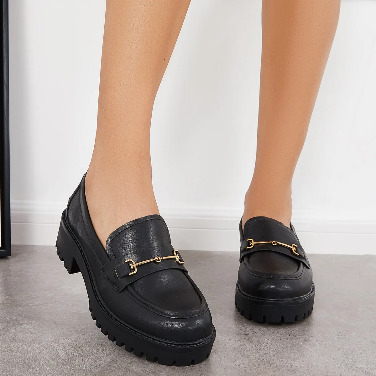 Platform Chunky Heel Penny Loafers Round Toe Lug Sole Work Shoes sold by Tinstree
