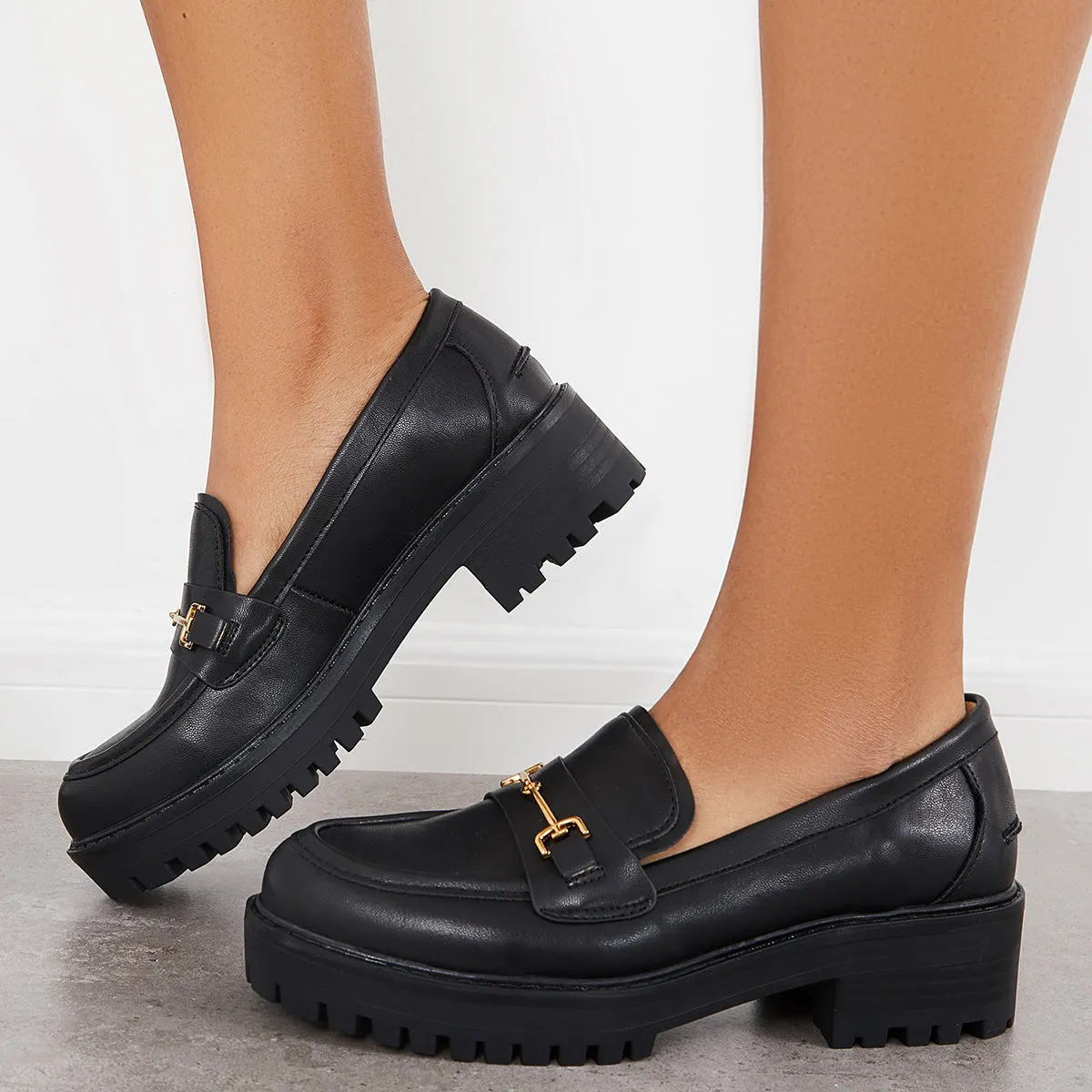 Platform Chunky Heel Penny Loafers Round Toe Lug Sole Work Shoes sold by Tinstree product image thumbnail 3