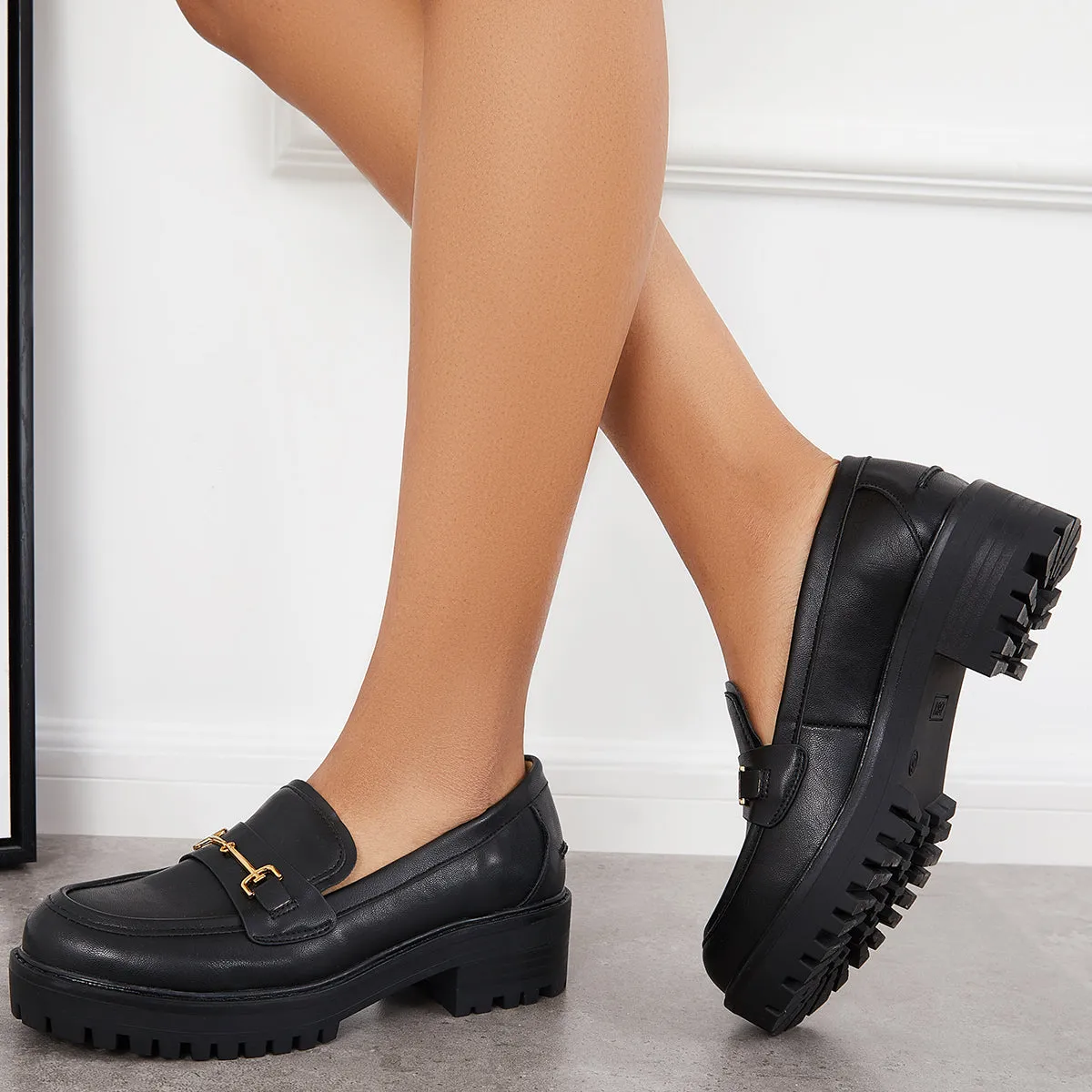 Platform Chunky Heel Penny Loafers Round Toe Lug Sole Work Shoes sold by Tinstree product image thumbnail 2