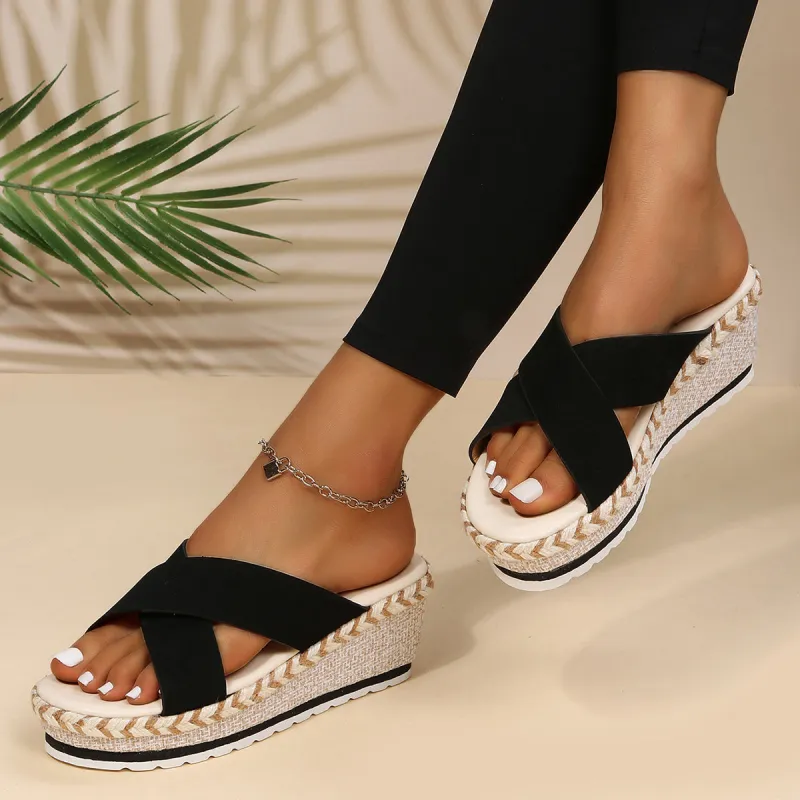 Open Toe Criss Cross Espadrille Platform Wedges Slide Sandals sold by Tinstree