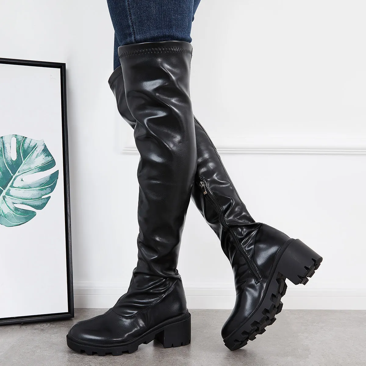Stretchy Platform Lug Sole Thigh High Boots Chunky Heel Over The Knee Boots sold by Tinstree product image thumbnail 2