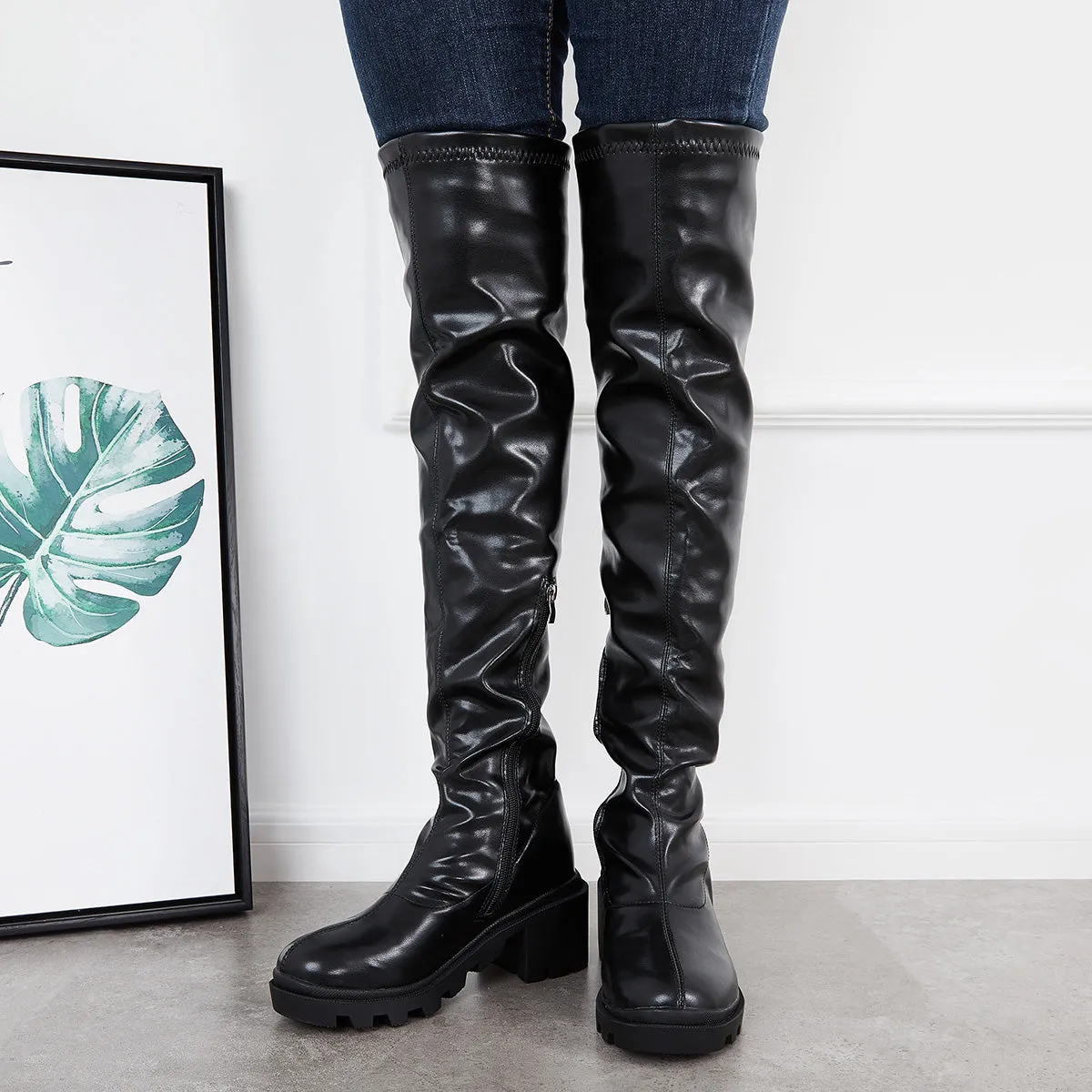 Stretchy Platform Lug Sole Thigh High Boots Chunky Heel Over The Knee Boots sold by Tinstree product image thumbnail 3