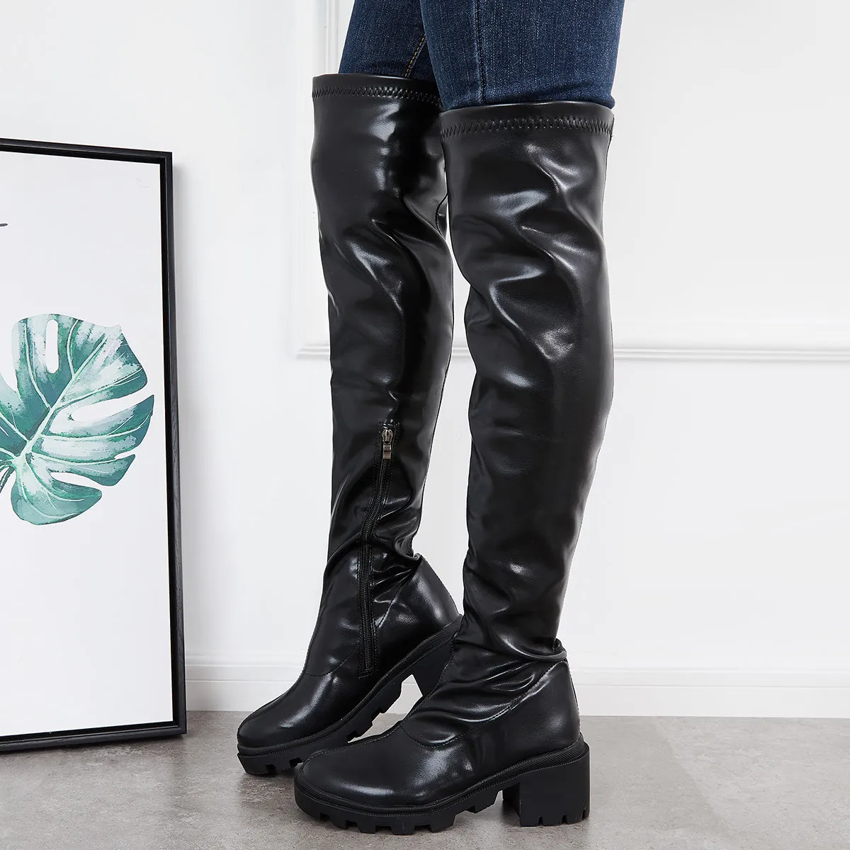Stretchy Platform Lug Sole Thigh High Boots Chunky Heel Over The Knee Boots sold by Tinstree product image thumbnail 4